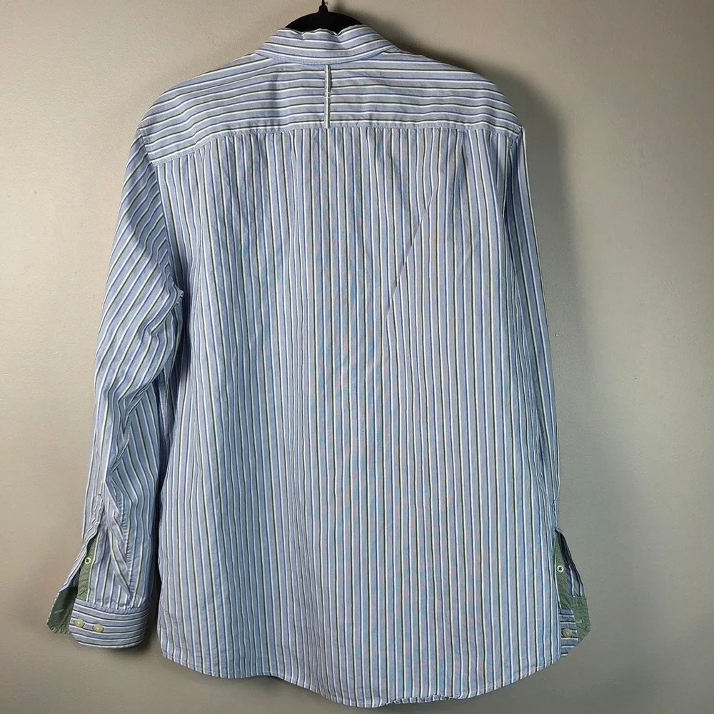 Banana Republic Button Down Mens L Blue Green Excellent Striped Organic Cotton